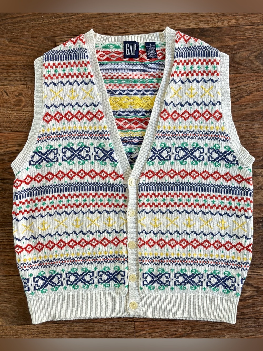 VTG 90s GAP Fair Isle Knit Sweater Vest - Nautical Coastal Preppy Made In UK M